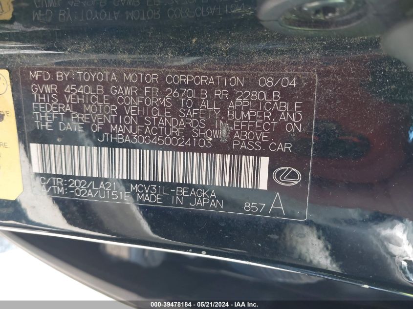 2005 Lexus Es 330 VIN: JTHBA30G450024103 Lot: 39478184