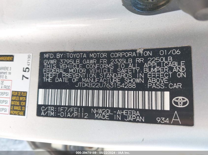 2006 Toyota Prius VIN: JTDKB22U763154288 Lot: 39478189