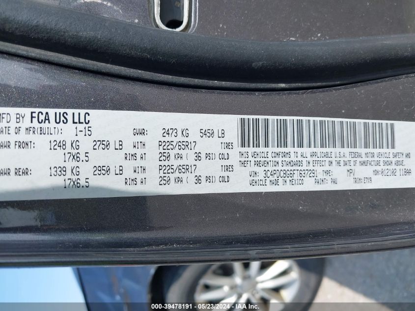 2015 Dodge Journey Sxt VIN: 3C4PDCBG6FT637291 Lot: 39478191