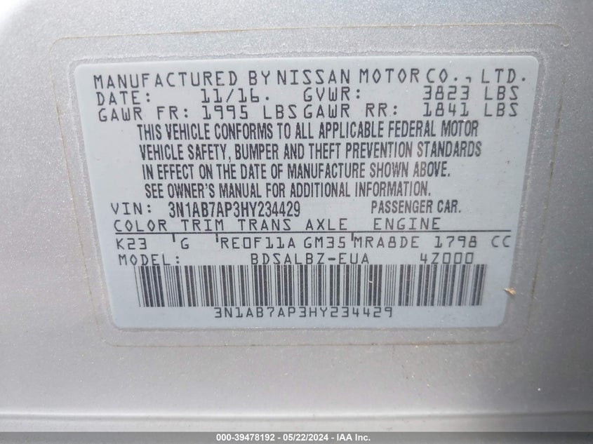 2017 Nissan Sentra S VIN: 3N1AB7AP3HY234429 Lot: 39478192