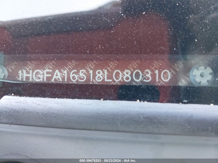 2008 Honda Civic Lx VIN: 1HGFA16518L080310 Lot: 39478203