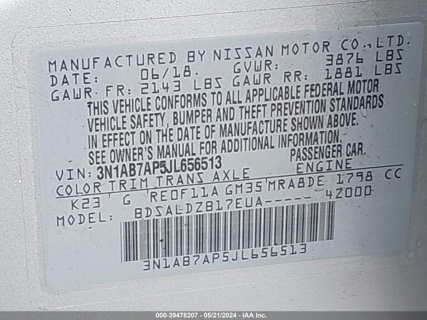 2018 Nissan Sentra Sv VIN: 3N1AB7AP5JL656513 Lot: 39478207