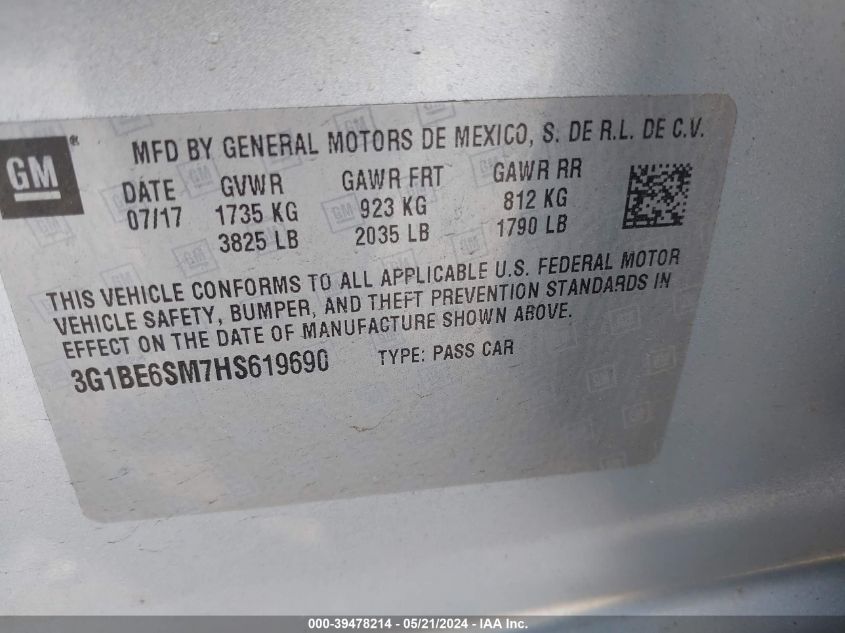 2017 Chevrolet Cruze Lt Auto VIN: 3G1BE6SM7HS619690 Lot: 39478214