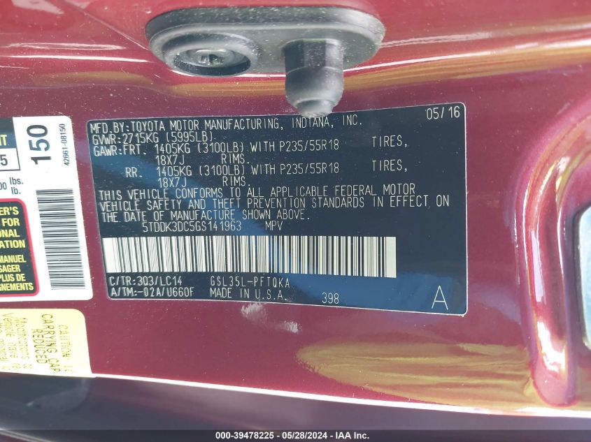 2016 Toyota Sienna Xle 7 Passenger VIN: 5TDDK3DC5GS141963 Lot: 39478225