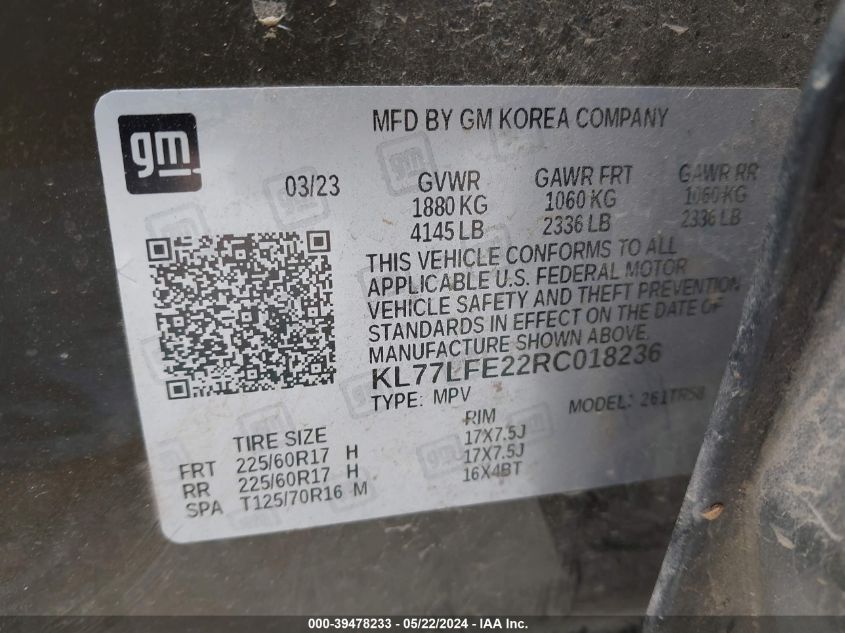 2024 Chevrolet Trax Fwd Sp VIN: KL77LFE22RC018236 Lot: 39478233