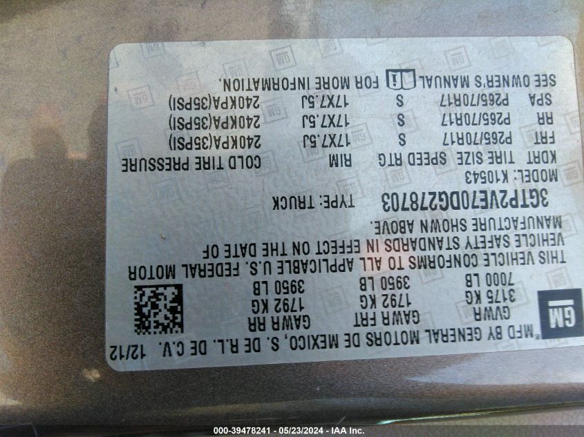 2013 GMC Sierra 1500 Sle VIN: 3GTP2VE70DG278703 Lot: 39478241