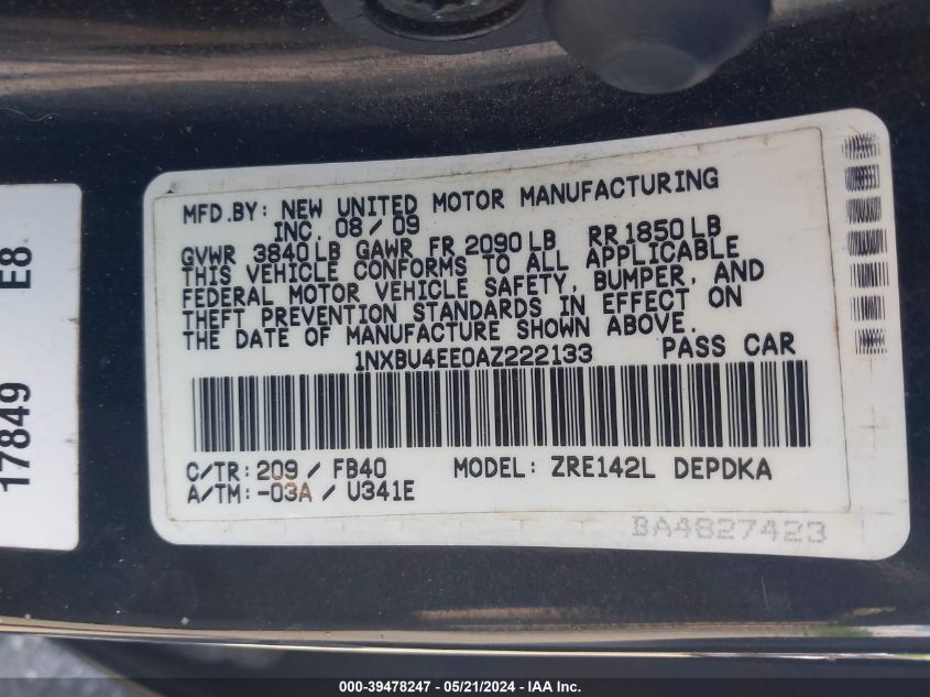 2010 Toyota Corolla S/Le/Xle VIN: 1NXBU4EE0AZ222133 Lot: 39478247