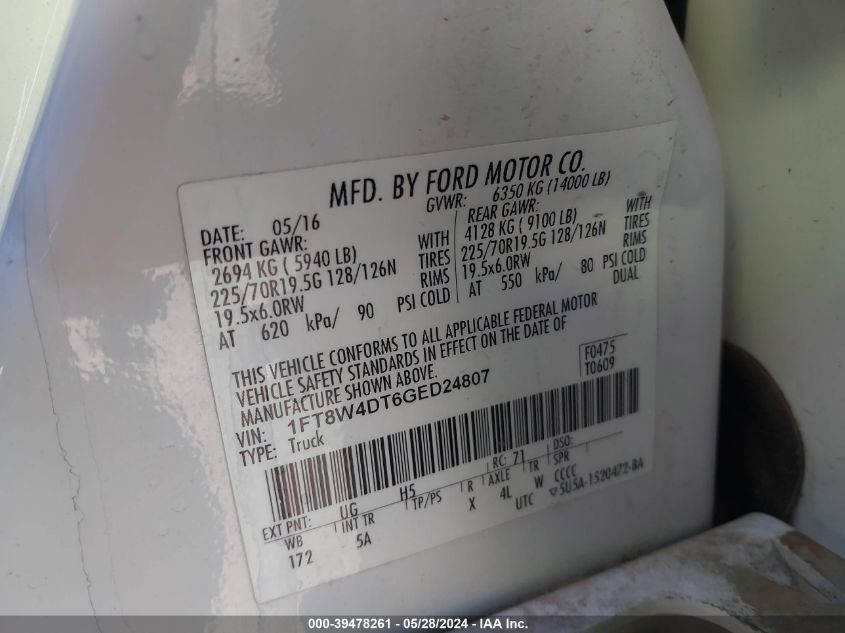 2016 Ford F-450 Lariat VIN: 1FT8W4DT6GED24807 Lot: 39478261