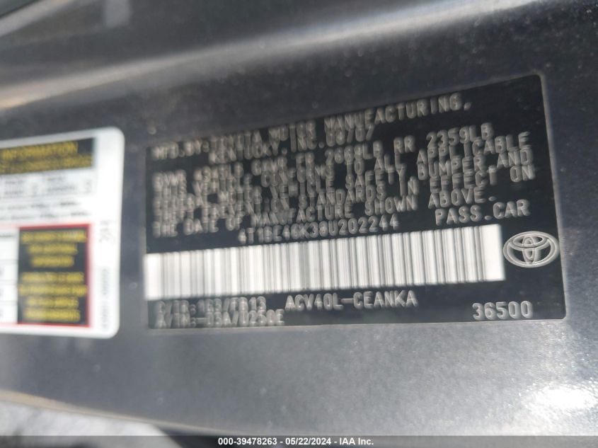 2008 Toyota Camry Le VIN: 4T1BE46K38U202244 Lot: 39478263