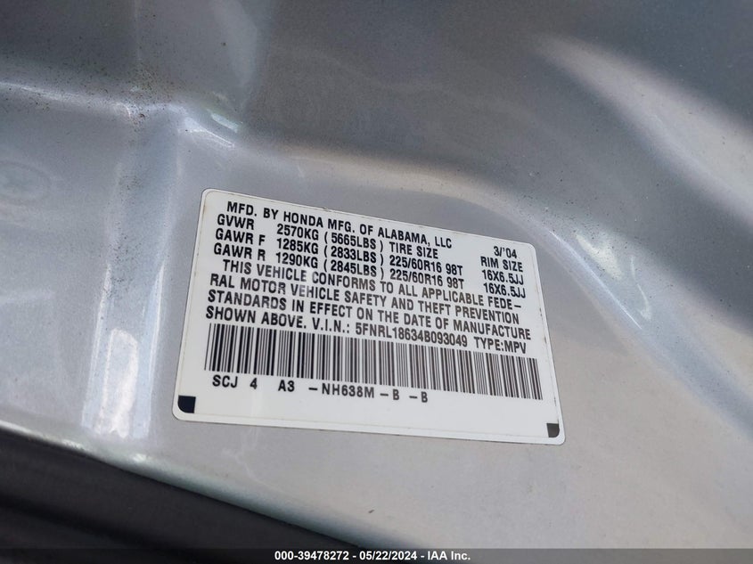 2004 Honda Odyssey Ex VIN: 5FNRL18634B093049 Lot: 39478272