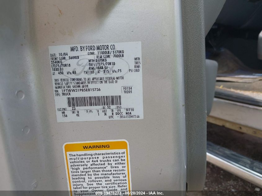 2005 Ford F-350 Lariat/Xl/Xlt VIN: 1FTWW31P85EB15736 Lot: 39478273
