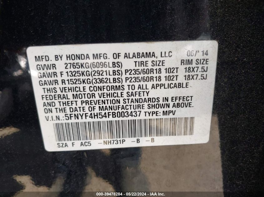 2015 Honda Pilot Ex-L VIN: 5FNYF4H54FB003437 Lot: 39478284