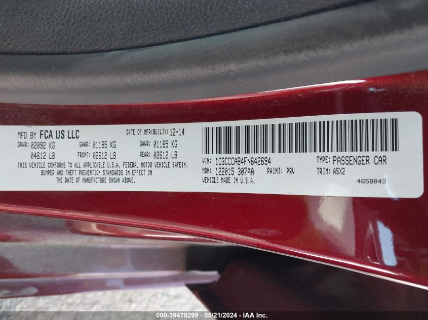 2015 Chrysler 200 Limited VIN: 1C3CCCAB4FN642694 Lot: 39478299