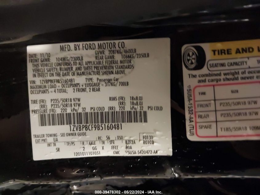 2011 Ford Mustang Gt Premium VIN: 1ZVBP8CF9B5160481 Lot: 39478302