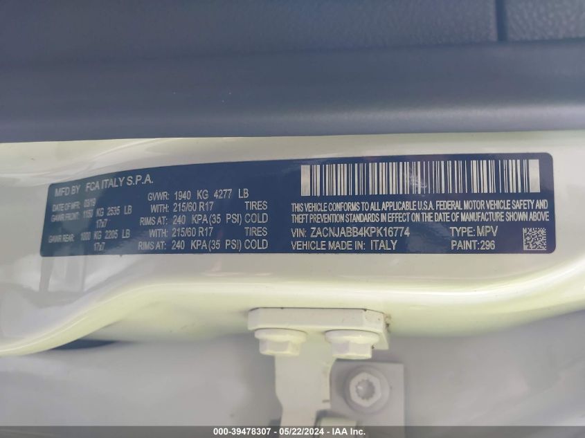 2019 Jeep Renegade Altitude Fwd VIN: ZACNJABB4KPK16774 Lot: 39478307