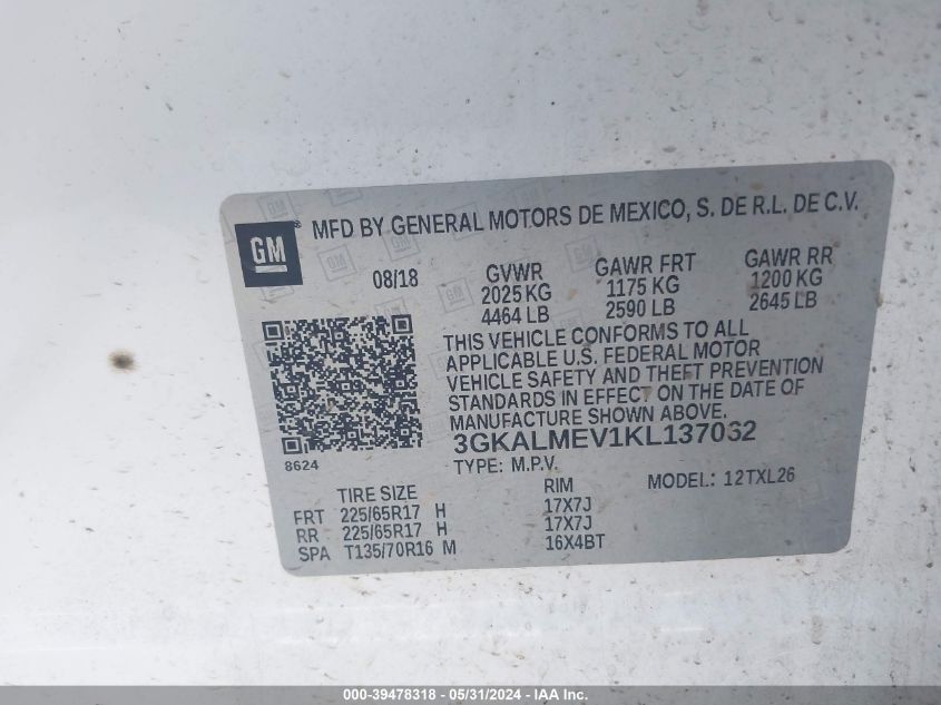 2019 GMC Terrain Sle VIN: 3GKALMEV1KL137062 Lot: 39478318