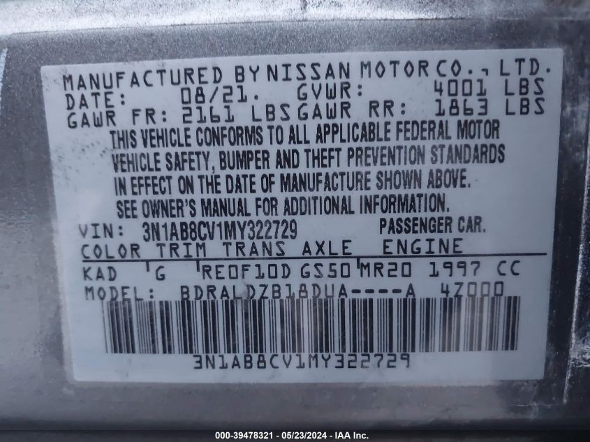 2021 Nissan Sentra Sv Xtronic Cvt VIN: 3N1AB8CV1MY322729 Lot: 39478321