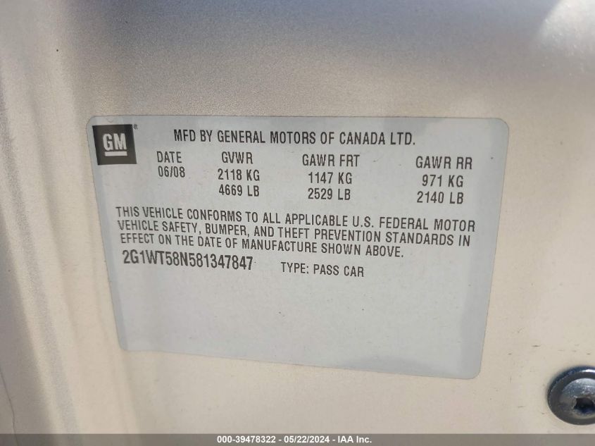 2008 Chevrolet Impala Lt VIN: 2G1WT58N581347847 Lot: 39478322