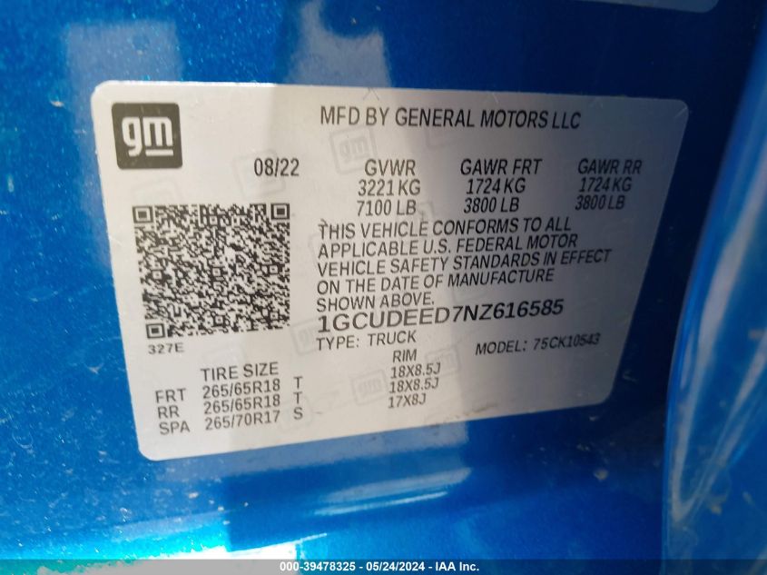 2022 Chevrolet Silverado 1500 4Wd Short Bed Rst VIN: 1GCUDEED7NZ616585 Lot: 39478325