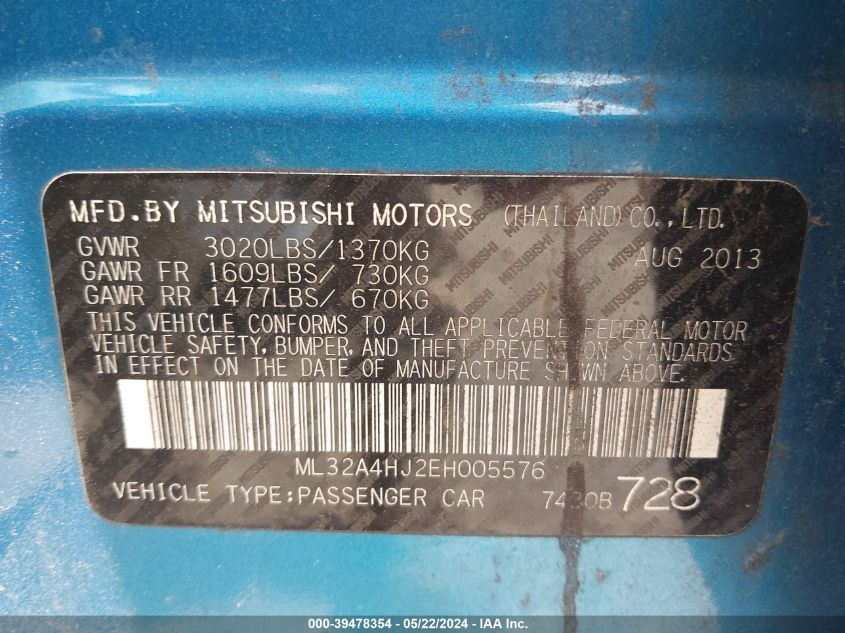 2014 Mitsubishi Mirage Es VIN: ML32A4HJ2EH005576 Lot: 39478354