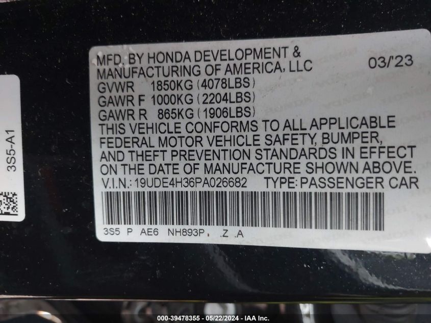 2023 Acura Integra A-Spec VIN: 19UDE4H36PA026682 Lot: 39478355