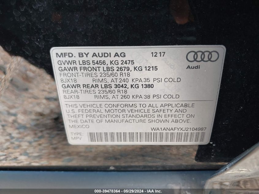 2018 Audi Q5 2.0T Premium/2.0T Tech Premium VIN: WA1ANAFYXJ2104987 Lot: 39478364