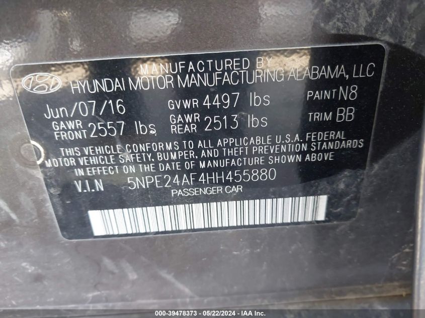 2017 Hyundai Sonata VIN: 5NPE24AF4HH455880 Lot: 39478373