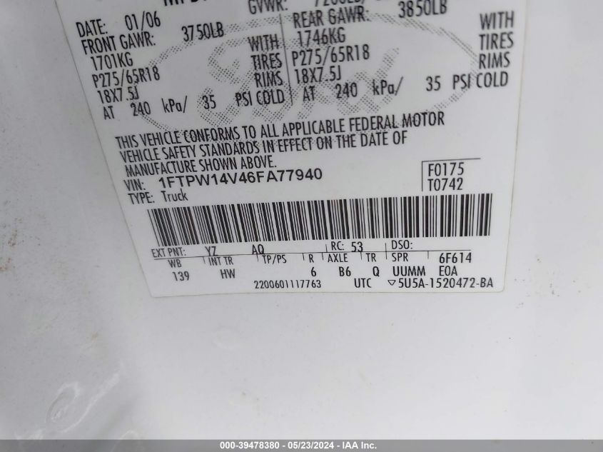 2006 Ford F-150 Fx4/Lariat/Xlt VIN: 1FTPW14V46FA77940 Lot: 39478380