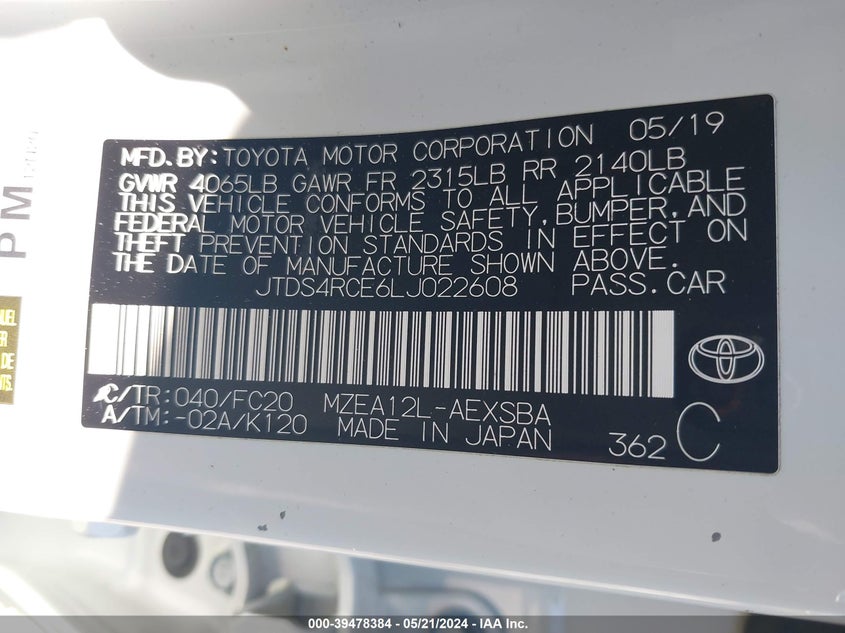 2020 TOYOTA COROLLA SE - JTDS4RCE6LJ022608