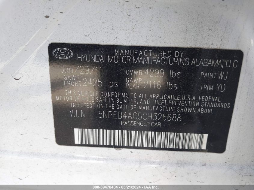 2012 Hyundai Sonata Gls VIN: 5NPEB4AC5CH326688 Lot: 39478404