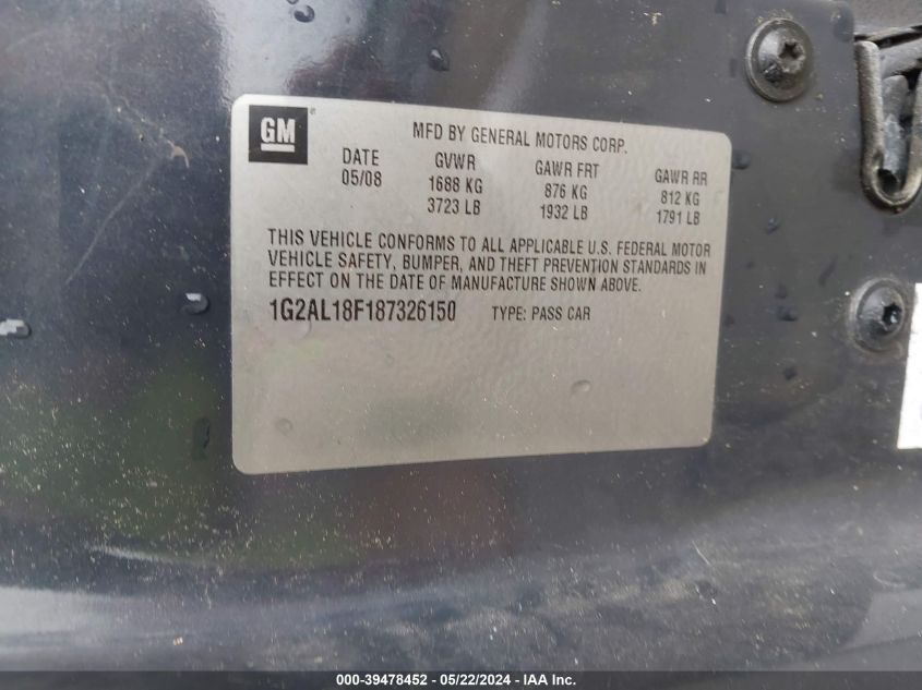 2008 Pontiac G5 VIN: 1G2AL18F187326150 Lot: 39478452