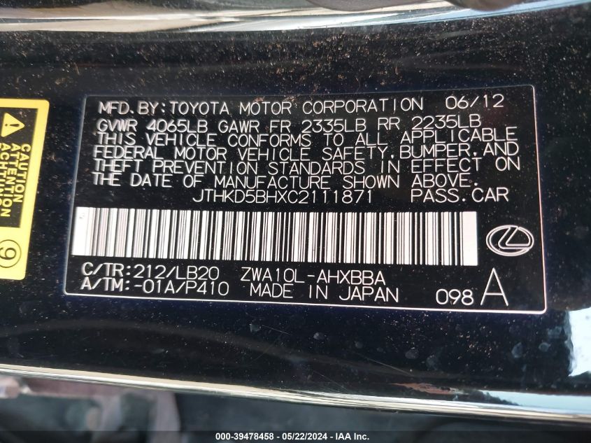 2012 Lexus Ct 200H Premium VIN: JTHKD5BHXC2111871 Lot: 39478458