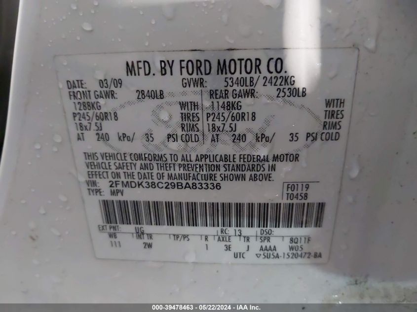 2009 Ford Edge Sel VIN: 2FMDK38C29BA83336 Lot: 39478463