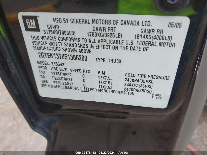 2005 GMC Sierra 1500 Slt VIN: 2GTEK13T051356200 Lot: 39478468