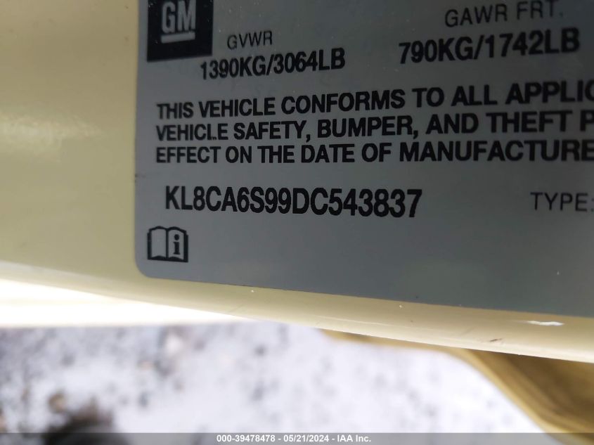 2013 Chevrolet Spark Ls Manual VIN: KL8CA6S99DC543837 Lot: 39478478