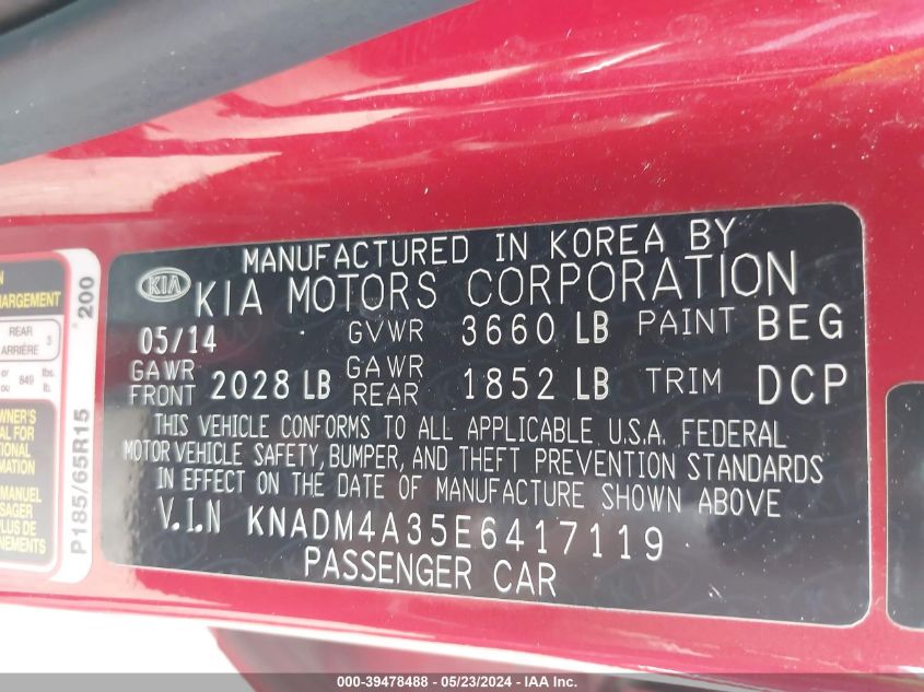 2014 Kia Rio Lx VIN: KNADM4A35E6417119 Lot: 39478488