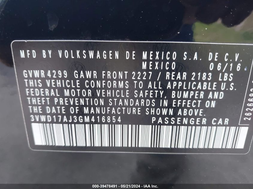 2016 Volkswagen Jetta 1.8T Sport VIN: 3VWD17AJ3GM416854 Lot: 39478491