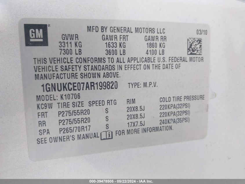 2010 Chevrolet Tahoe Ltz VIN: 1GNUKCE07AR199820 Lot: 39478505