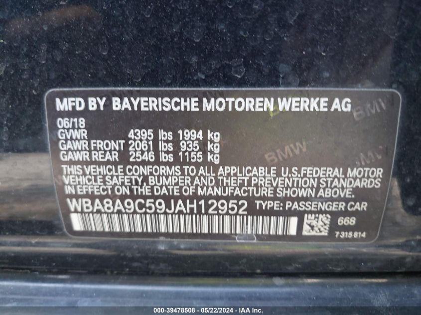 2018 BMW 320I VIN: WBA8A9C59JAH12952 Lot: 39478508