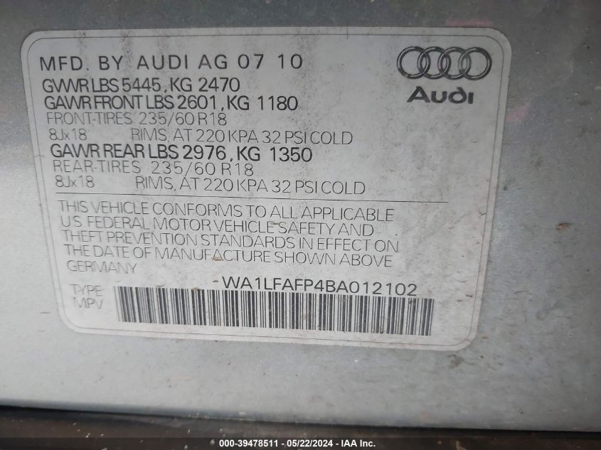 2011 Audi Q5 Premium Plus VIN: WA1LFAFP4BA012102 Lot: 39478511