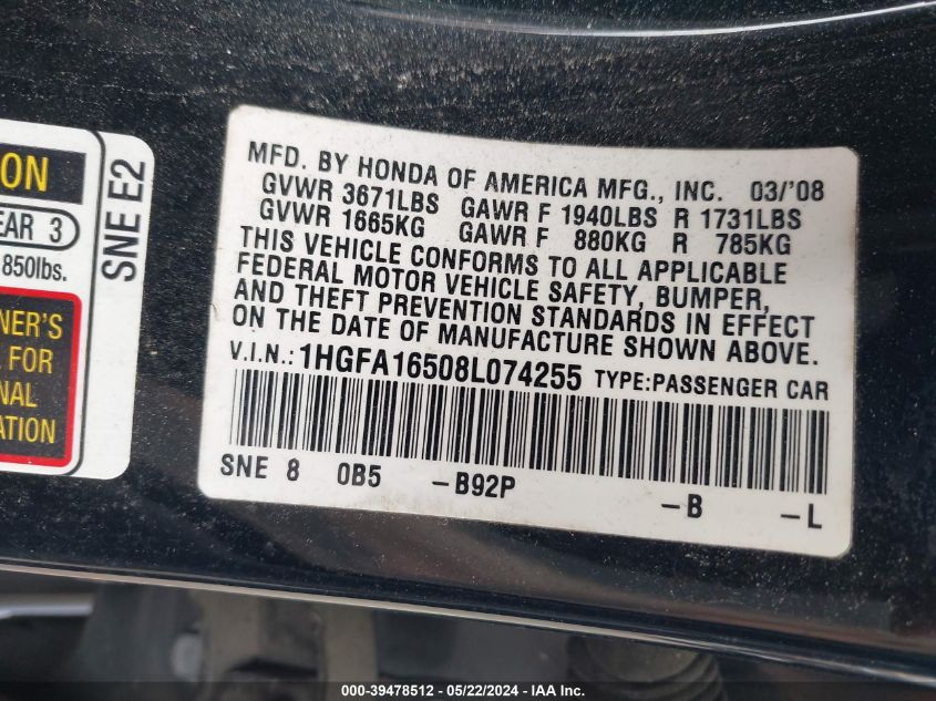 2008 Honda Civic Lx VIN: 1HGFA16508L074255 Lot: 39478512