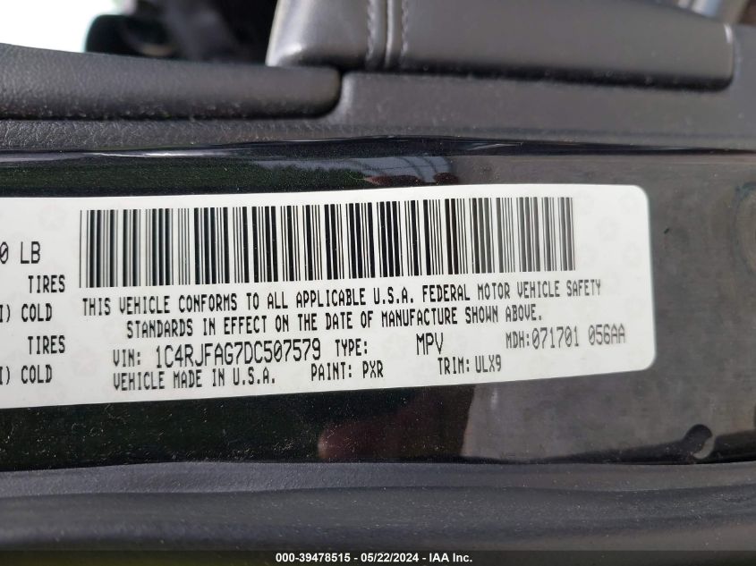 2013 Jeep Grand Cherokee Laredo VIN: 1C4RJFAG7DC507579 Lot: 39478515