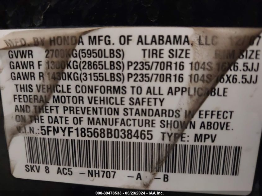 2008 Honda Pilot Ex-L VIN: 5FNYF18568B038465 Lot: 39478533