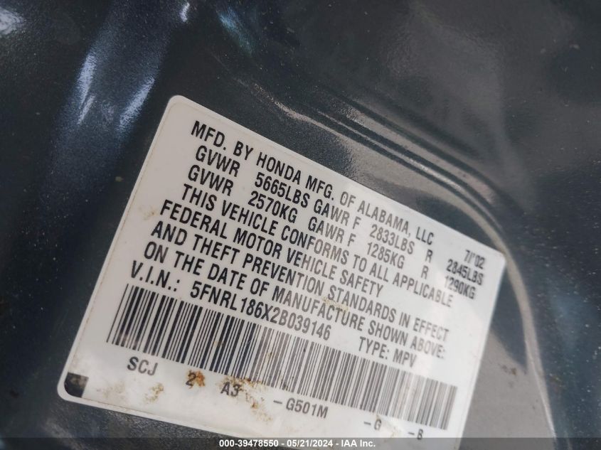 2002 Honda Odyssey Ex VIN: 5FNRL186X2B039146 Lot: 39478550