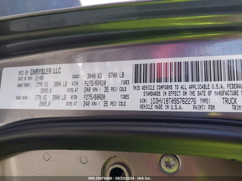 2009 Dodge Ram 1500 Slt/Sport/Trx VIN: 1D3HV18T09S762276 Lot: 39478560