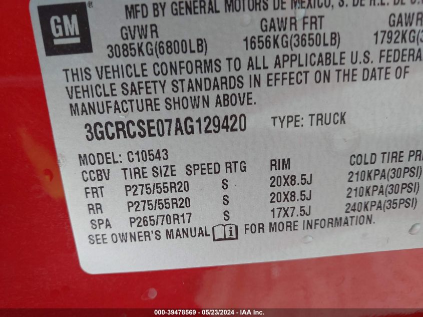 2010 Chevrolet Silverado 1500 Lt VIN: 3GCRCSE07AG129420 Lot: 39478569