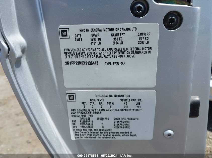 1999 Chevrolet Camaro VIN: 2G1FP22K8X2136443 Lot: 39478583