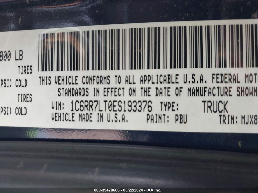 2014 Ram 1500 Big Horn VIN: 1C6RR7LT0ES193376 Lot: 39478606