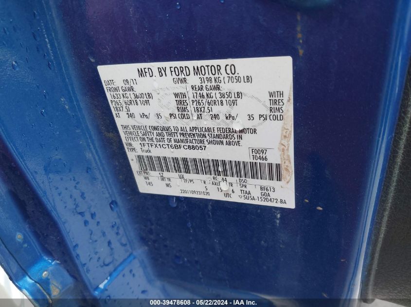 2011 Ford F-150 Xlt VIN: 1FTFX1CT6BFC88057 Lot: 39478608