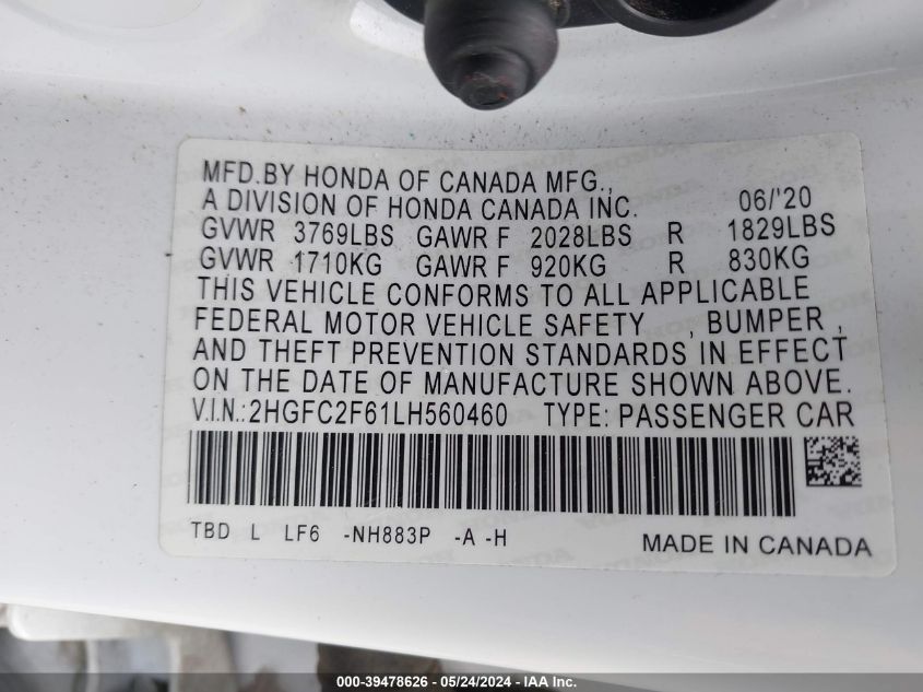 2020 Honda Civic Lx VIN: 2HGFC2F61LH560460 Lot: 39478626